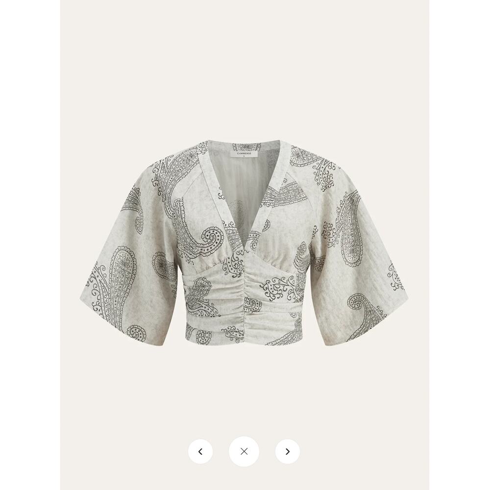 Commense Cream and Gray Paisley Ruched Crop Blouse